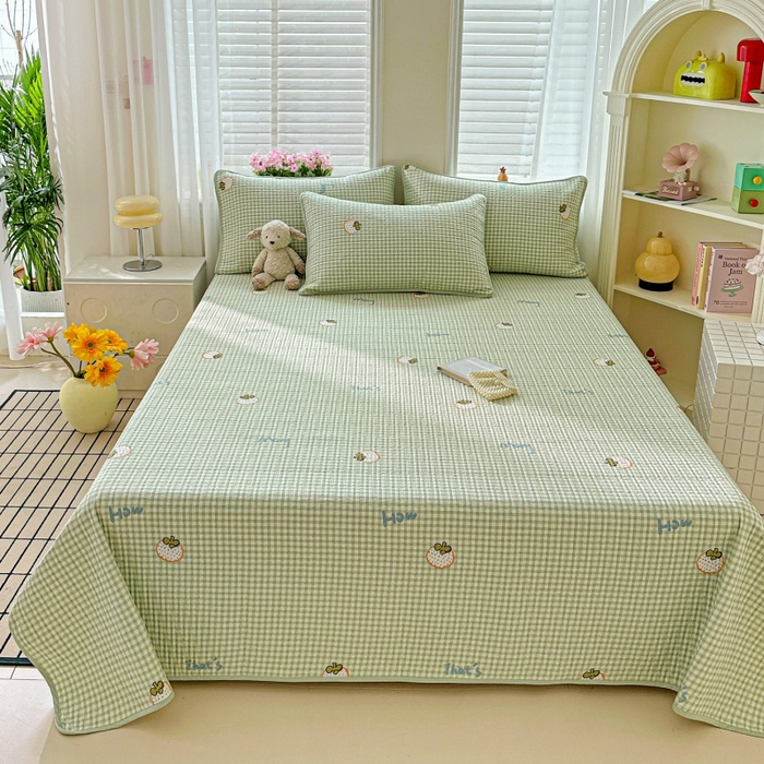 91家纺网 家纺一手货源 找家纺 文黛家居 2026新款全棉夹棉印花床盖三件套 格纹水果