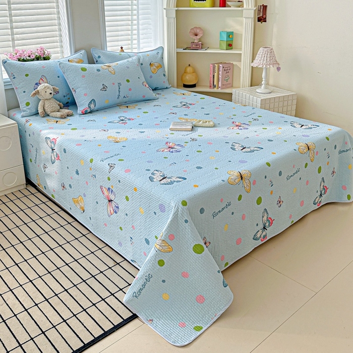 91家纺网 家纺一手货源 找家纺 文黛家居 2026新款全棉夹棉印花床盖四件套【支持定做】 蝶舞-蓝