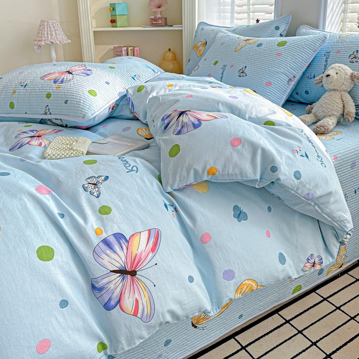 91家纺网 家纺一手货源 找家纺 文黛家居 2026新款全棉夹棉印花床盖四件套【支持定做】 蝶舞-蓝