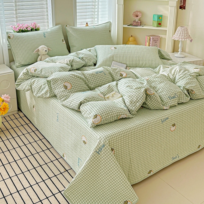 91家纺网 家纺一手货源 找家纺 文黛家居 2026新款全棉夹棉印花床盖四件套【支持定做】 格纹水果