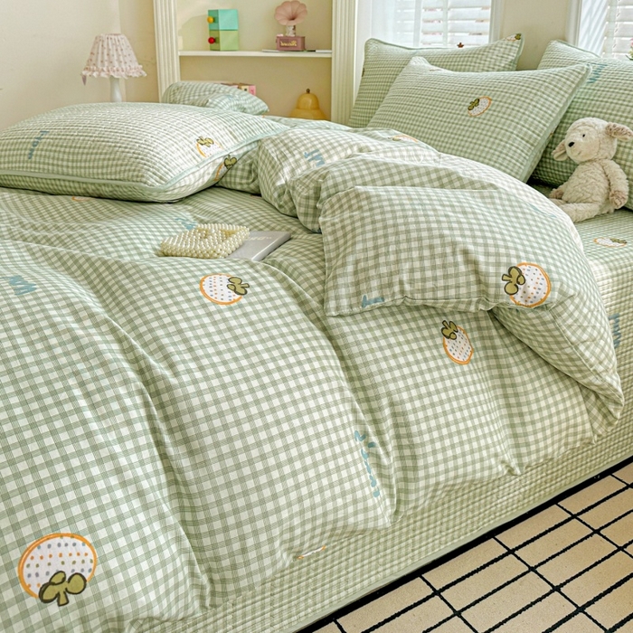 91家纺网 家纺一手货源 找家纺 文黛家居 2026新款全棉夹棉印花床盖四件套【支持定做】 格纹水果