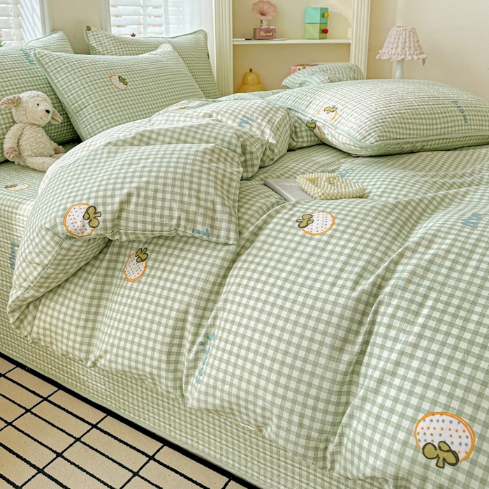 91家纺网 家纺一手货源 找家纺 文黛家居 2026新款全棉夹棉印花床盖四件套【支持定做】 格纹水果