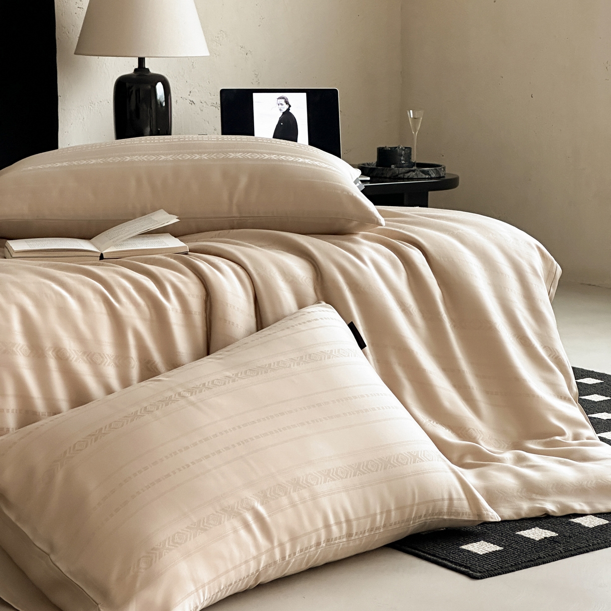 91家纺网 家纺一手货源 找家纺 三味舒屋 2026新款60s天丝丝韵提花系列四件套 丝韵浅金