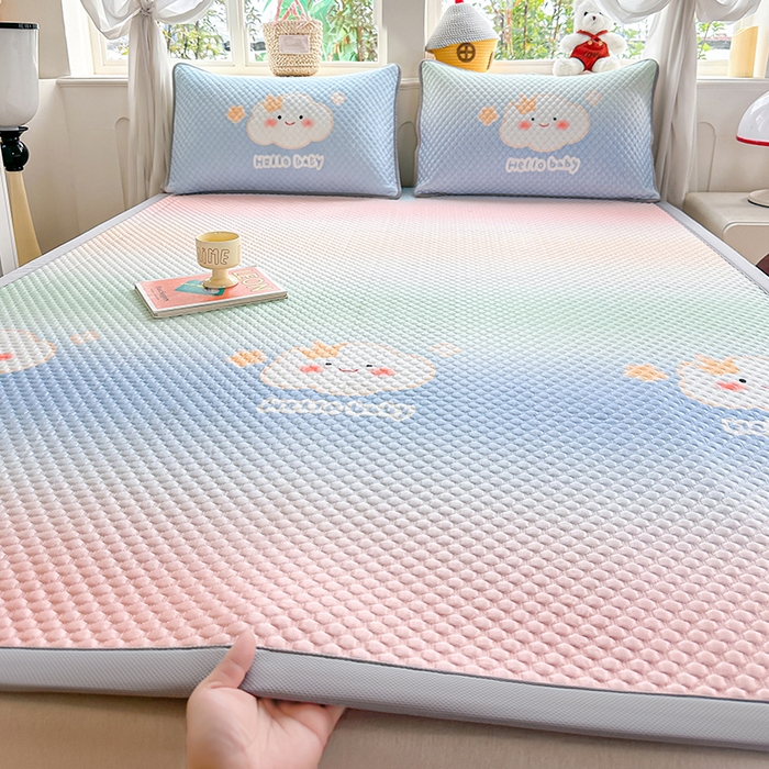 91家纺网 家纺一手货源 找家纺 优品惠 2026春夏新款冰豆豆印花凉席三件套 彩虹云朵