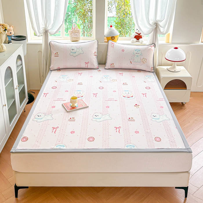 91家纺网 家纺一手货源 找家纺 优品惠 2026春夏新款冰豆豆印花凉席三件套 条纹小狗