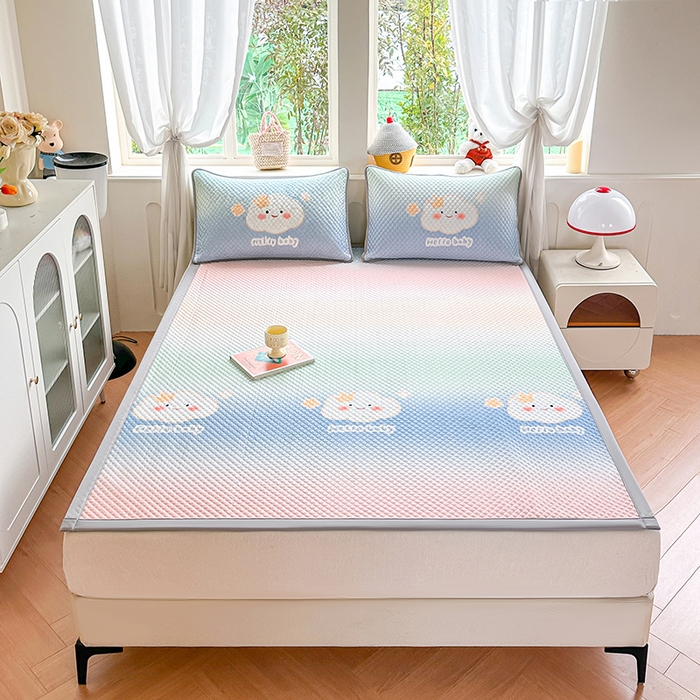 91家纺网 家纺一手货源 找家纺 优品惠 2026春夏新款冰豆豆印花凉席三件套 彩虹云朵