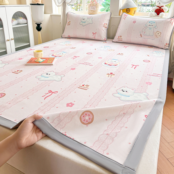 91家纺网 家纺一手货源 找家纺 优品惠 2026春夏新款冰豆豆印花凉席三件套 条纹小狗