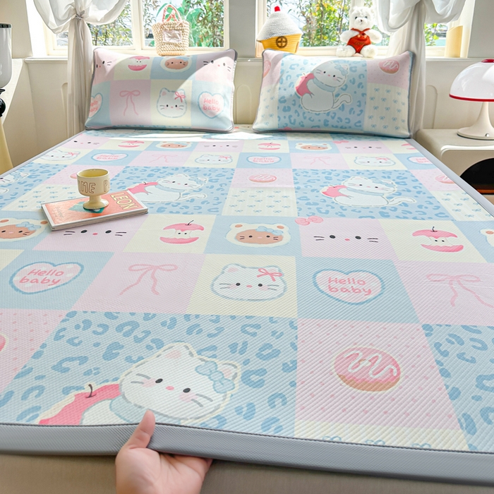 91家纺网 家纺一手货源 找家纺 优品惠 2026春夏新款冰豆豆印花凉席三件套 奶格kt