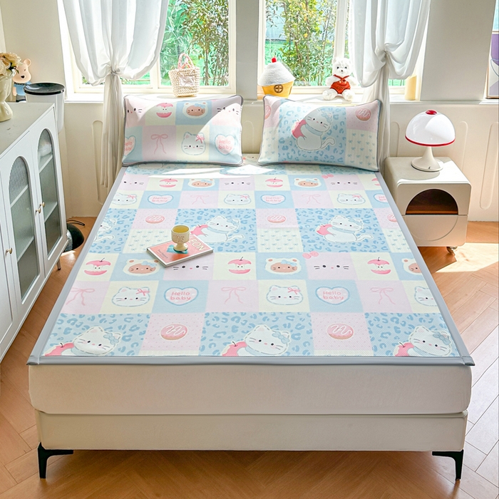 91家纺网 家纺一手货源 找家纺 优品惠 2026春夏新款冰豆豆印花凉席三件套 奶格kt