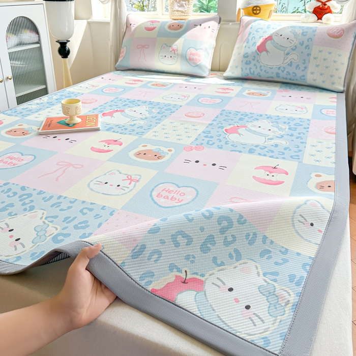 91家纺网 家纺一手货源 找家纺 优品惠 2026春夏新款冰豆豆印花凉席三件套 奶格kt