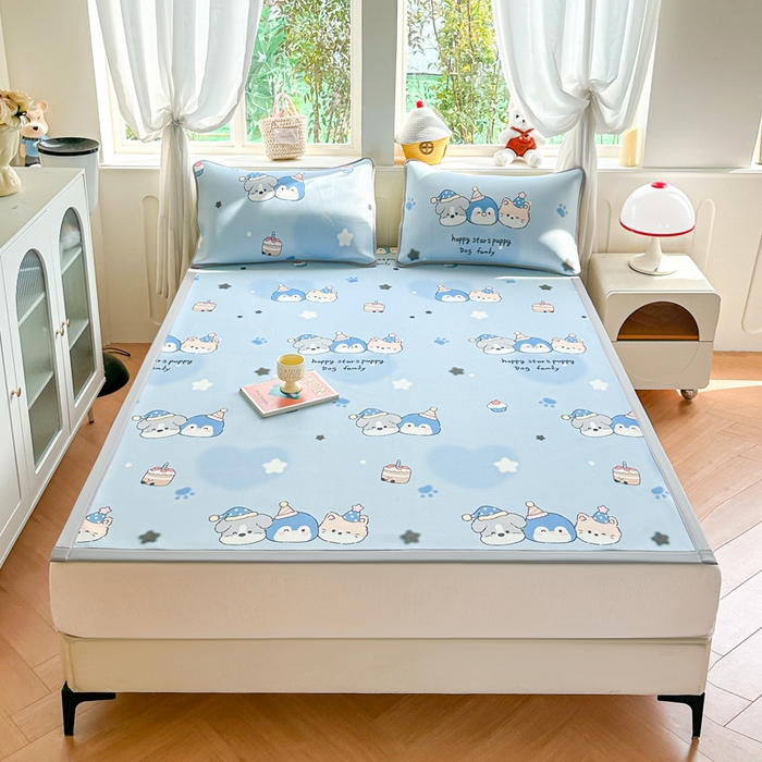 91家纺网 家纺一手货源 找家纺 优品惠 2026春夏新款冰豆豆印花凉席三件套 萌宠家族