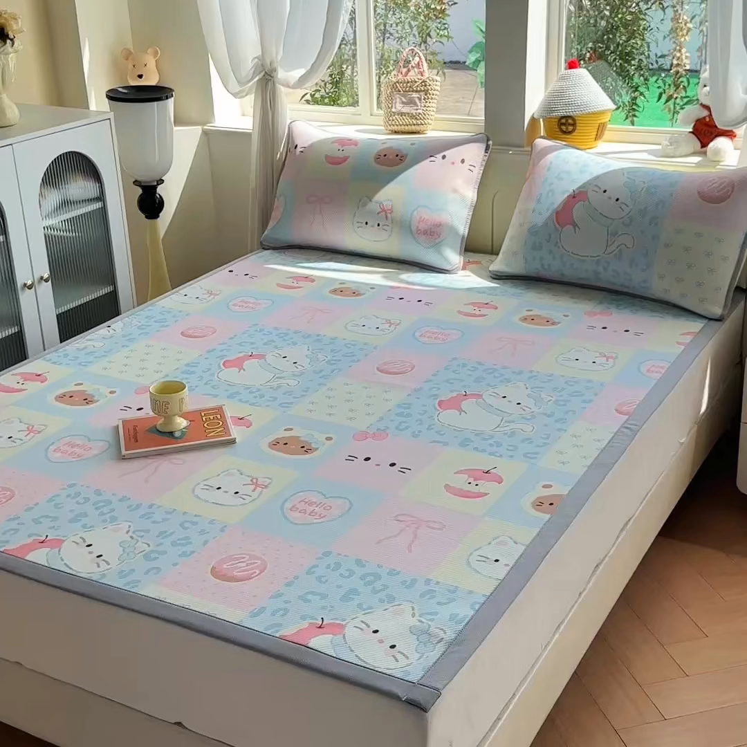 91家纺网 家纺一手货源 找家纺 优品惠 2026春夏新款冰豆豆印花凉席三件套 奶格kt