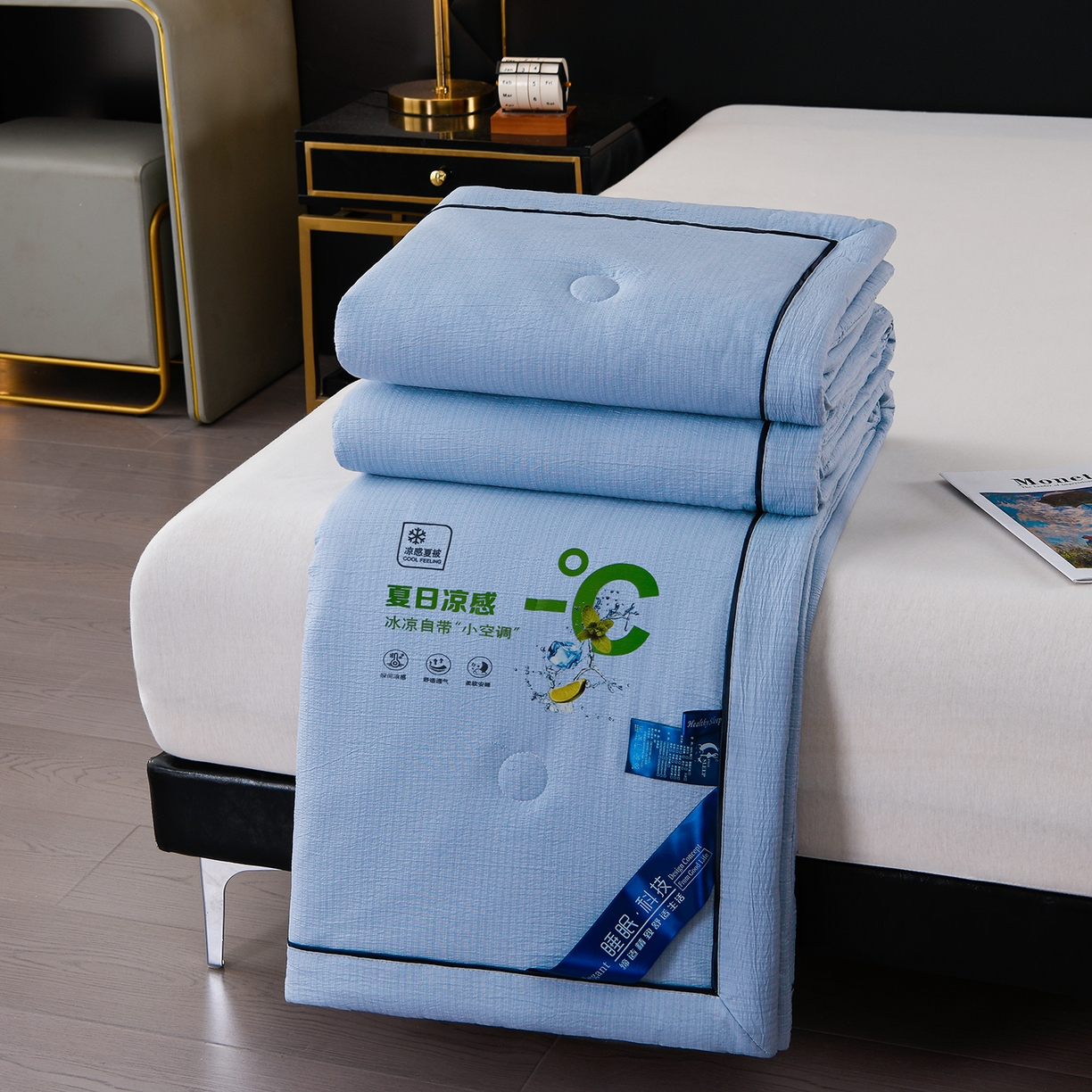 91家纺网 家纺一手货源 找家纺 赫本家纺 2026新款泡泡纱纯色烫钻夏凉被空调被夏被 雾蓝