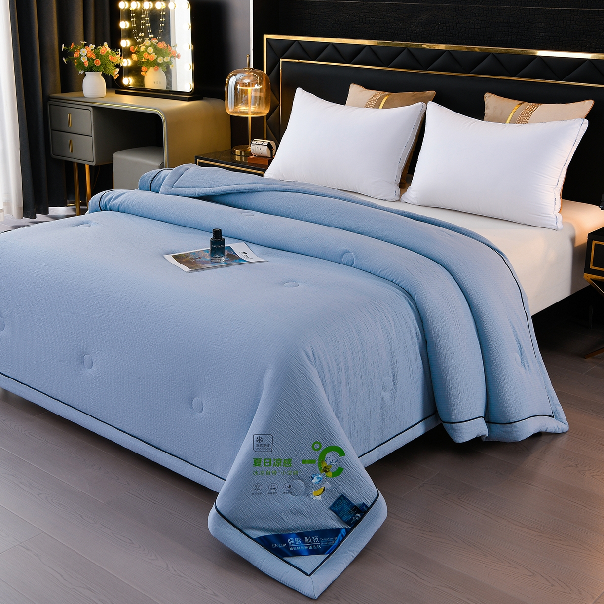 赫本家纺 2026新款泡泡纱纯色烫钻夏凉被空调被夏被 雾蓝