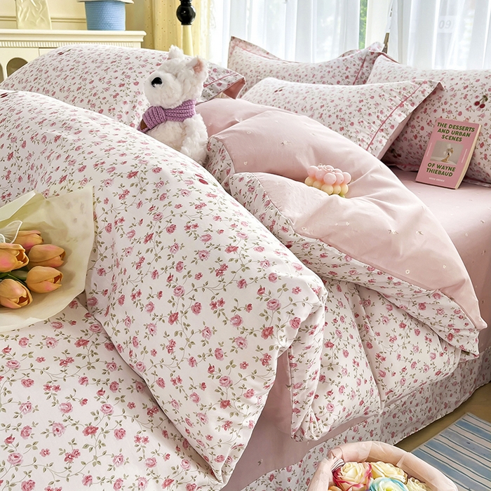 美织缘家纺 2026直播爆款一字绣吊边床单款纯棉全棉四件套印花百分百（喷气高品质） 艾美-粉