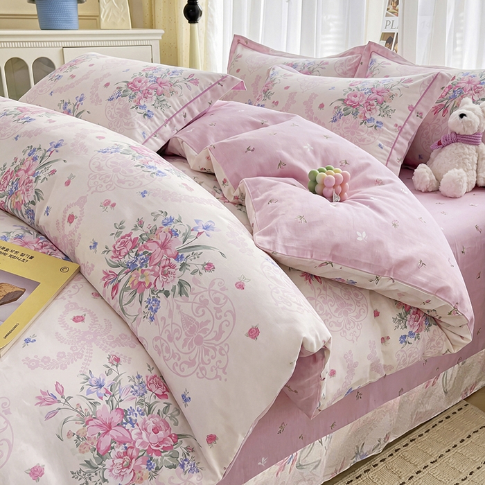 美织缘家纺 2026直播爆款一字绣吊边床单款纯棉全棉四件套印花百分百（喷气高品质） 春之序曲-粉