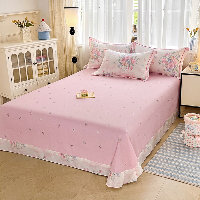 91家纺网 家纺一手货源 找家纺 美织缘家纺 2026直播爆款一字绣吊边床单款纯棉全棉四件套印花百分百（喷气高品质） 春之序曲-粉