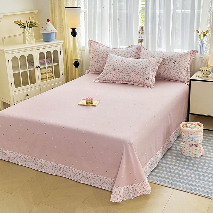 91家纺网 家纺一手货源 找家纺 美织缘家纺 2026直播爆款一字绣吊边床单款纯棉全棉四件套印花百分百（喷气高品质） 艾美-粉