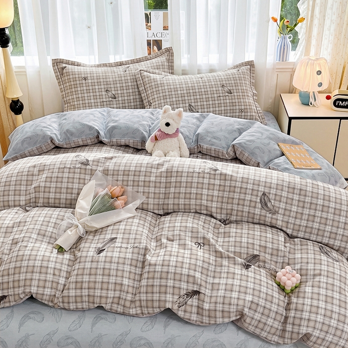 91家纺网 家纺一手货源 找家纺 美织缘家纺 2026直播爆款一字绣吊边床单款纯棉全棉四件套印花百分百（喷气高品质） 洛羽纷飞-咖