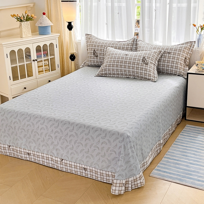 91家纺网 家纺一手货源 找家纺 美织缘家纺 2026直播爆款一字绣吊边床单款纯棉全棉四件套印花百分百（喷气高品质） 洛羽纷飞-咖