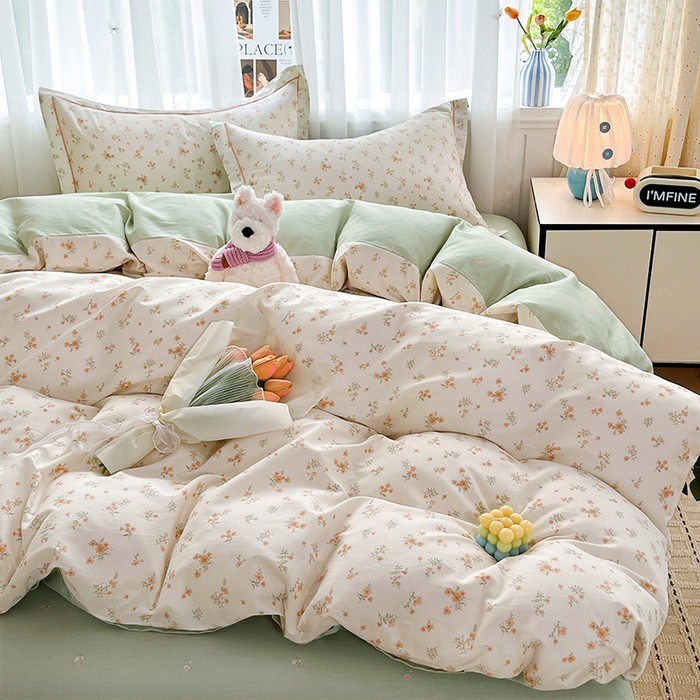 91家纺网 家纺一手货源 找家纺 美织缘家纺 2026直播爆款一字绣吊边床单款纯棉全棉四件套印花百分百（喷气高品质） 春茶弥香-桔