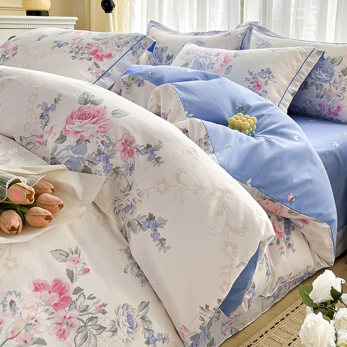 美织缘家纺 2026直播爆款一字绣吊边床单款纯棉全棉四件套印花百分百（喷气高品质） 依恋花韵-米