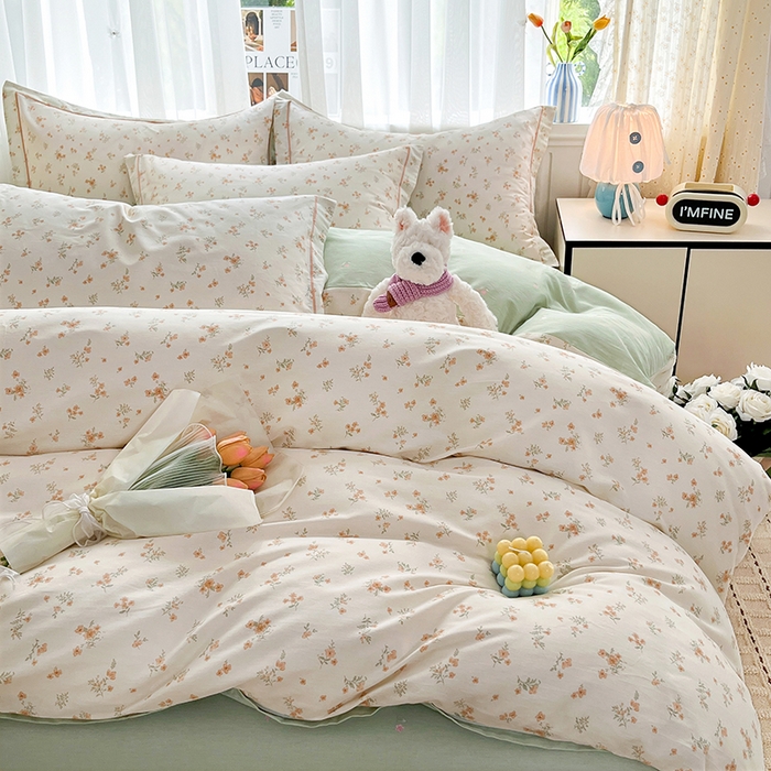 91家纺网 家纺一手货源 找家纺 美织缘家纺 2026直播爆款一字绣吊边床单款纯棉全棉四件套印花百分百（喷气高品质） 春茶弥香-桔