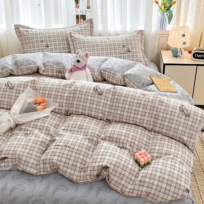 91家纺网 家纺一手货源 找家纺 美织缘家纺 2026直播爆款一字绣吊边床单款纯棉全棉四件套印花百分百（喷气高品质） 洛羽纷飞-咖