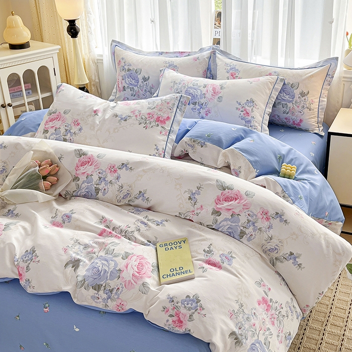 91家纺网 家纺一手货源 找家纺 美织缘家纺 2026直播爆款一字绣吊边床单款纯棉全棉四件套印花百分百（喷气高品质） 依恋花韵-米