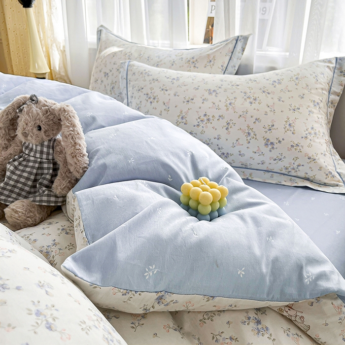 91家纺网 家纺一手货源 找家纺 美织缘家纺 2026直播爆款一字绣吊边床单款纯棉全棉四件套印花百分百（喷气高品质） 浅影-蓝