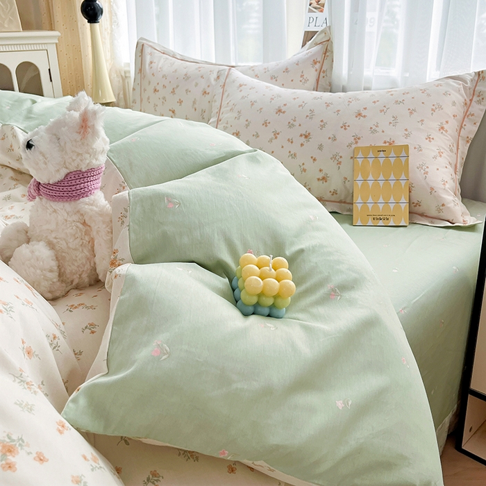 91家纺网 家纺一手货源 找家纺 美织缘家纺 2026直播爆款一字绣吊边床单款纯棉全棉四件套印花百分百（喷气高品质） 春茶弥香-桔