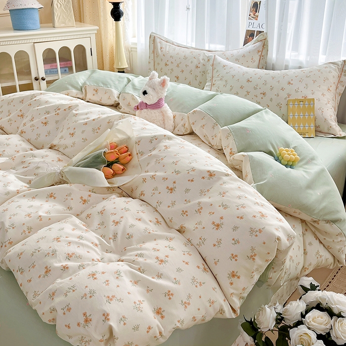 91家纺网 家纺一手货源 找家纺 美织缘家纺 2026直播爆款一字绣吊边床单款纯棉全棉四件套印花百分百（喷气高品质） 春茶弥香-桔