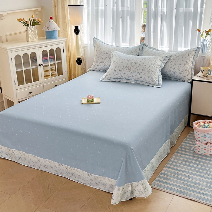 91家纺网 家纺一手货源 找家纺 美织缘家纺 2026直播爆款一字绣吊边床单款纯棉全棉四件套印花百分百（喷气高品质） 浅影-蓝