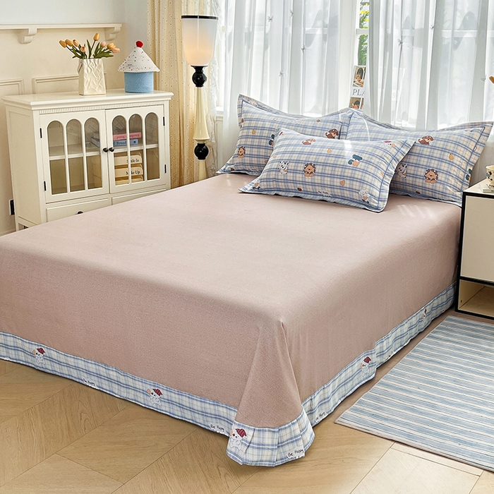 91家纺网 家纺一手货源 找家纺 美织缘家纺 2026直播爆款一字绣吊边床单款纯棉全棉四件套印花百分百（喷气高品质） 俏皮狗-蓝