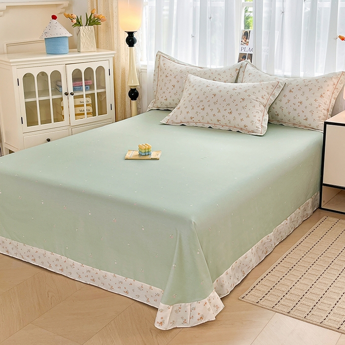 91家纺网 家纺一手货源 找家纺 美织缘家纺 2026直播爆款一字绣吊边床单款纯棉全棉四件套印花百分百（喷气高品质） 春茶弥香-桔