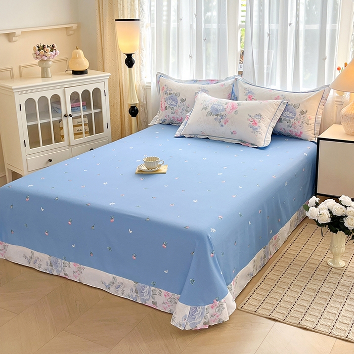 91家纺网 家纺一手货源 找家纺 美织缘家纺 2026直播爆款一字绣吊边床单款纯棉全棉四件套印花百分百（喷气高品质） 依恋花韵-米