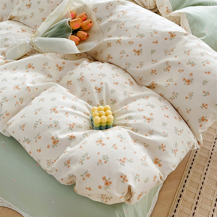 91家纺网 家纺一手货源 找家纺 美织缘家纺 2026直播爆款一字绣吊边床单款纯棉全棉四件套印花百分百（喷气高品质） 春茶弥香-桔