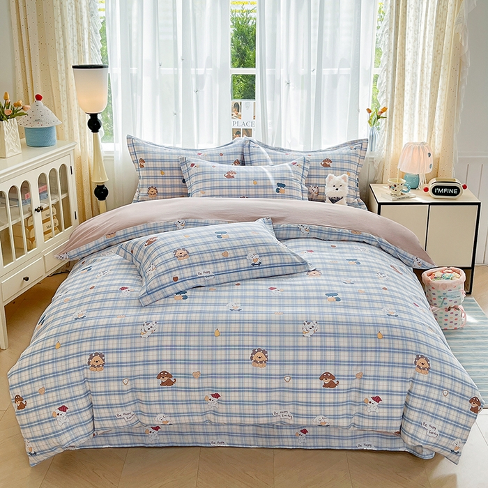 91家纺网 家纺一手货源 找家纺 美织缘家纺 2026直播爆款一字绣吊边床单款纯棉全棉四件套印花百分百（喷气高品质） 俏皮狗-蓝