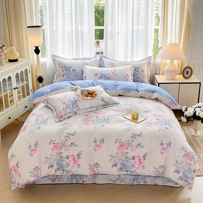 91家纺网 家纺一手货源 找家纺 美织缘家纺 2026直播爆款一字绣吊边床单款纯棉全棉四件套印花百分百（喷气高品质） 依恋花韵-米