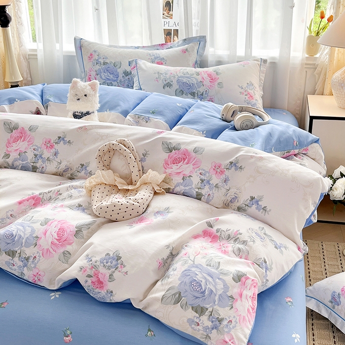 91家纺网 家纺一手货源 找家纺 美织缘家纺 2026直播爆款一字绣吊边床单款纯棉全棉四件套印花百分百（喷气高品质） 依恋花韵-米