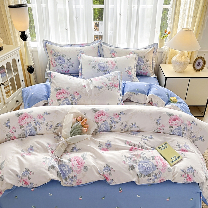 91家纺网 家纺一手货源 找家纺 美织缘家纺 2026直播爆款一字绣吊边床单款纯棉全棉四件套印花百分百（喷气高品质） 依恋花韵-米