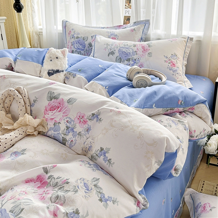 91家纺网 家纺一手货源 找家纺 美织缘家纺 2026直播爆款一字绣吊边床单款纯棉全棉四件套印花百分百（喷气高品质） 依恋花韵-米