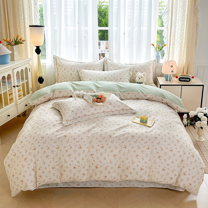 91家纺网 家纺一手货源 找家纺 美织缘家纺 2026直播爆款一字绣吊边床单款纯棉全棉四件套印花百分百（喷气高品质） 春茶弥香-桔