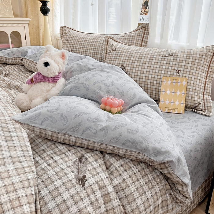 91家纺网 家纺一手货源 找家纺 美织缘家纺 2026直播爆款一字绣吊边床单款纯棉全棉四件套印花百分百（喷气高品质） 洛羽纷飞-咖