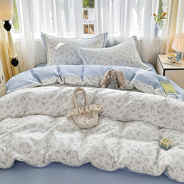 91家纺网 家纺一手货源 找家纺 美织缘家纺 2026直播爆款一字绣吊边床单款纯棉全棉四件套印花百分百（喷气高品质） 浅影-蓝