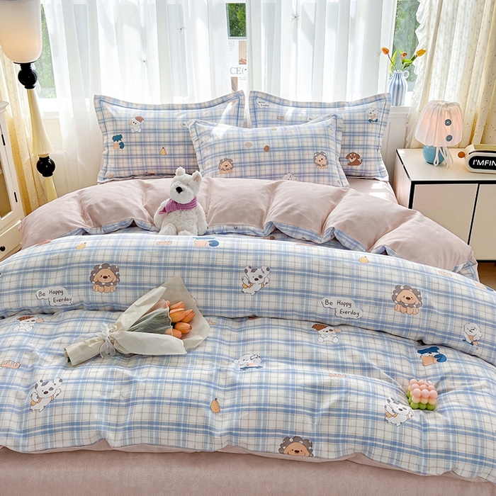 91家纺网 家纺一手货源 找家纺 美织缘家纺 2026直播爆款一字绣吊边床单款纯棉全棉四件套印花百分百（喷气高品质） 俏皮狗-蓝