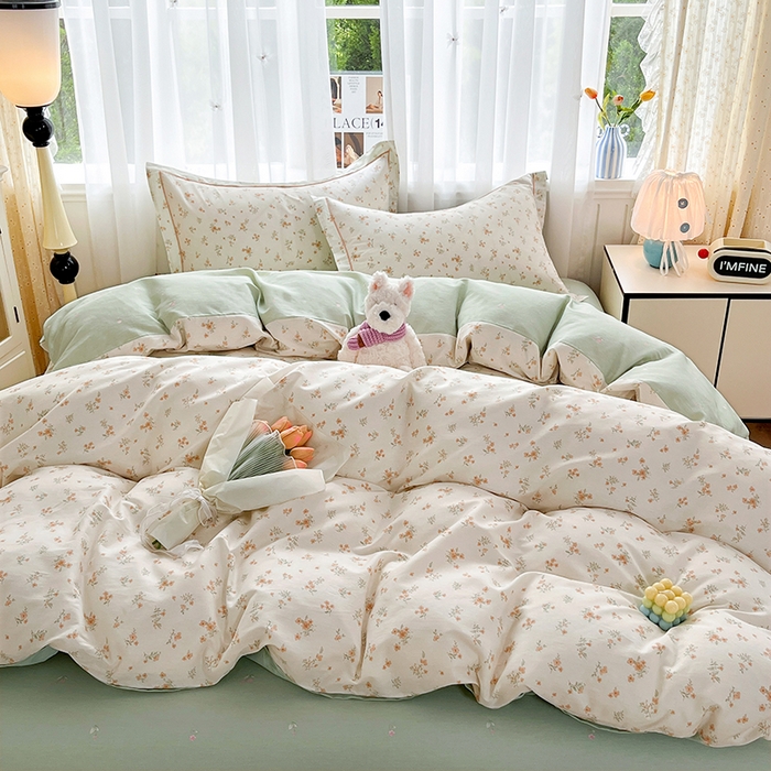 91家纺网 家纺一手货源 找家纺 美织缘家纺 2026直播爆款一字绣吊边床单款纯棉全棉四件套印花百分百（喷气高品质） 春茶弥香-桔