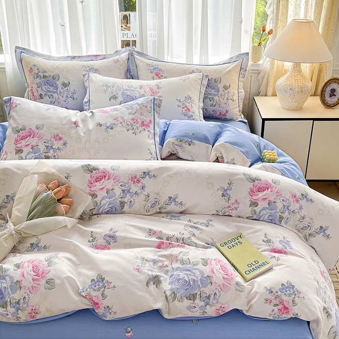 91家纺网 家纺一手货源 找家纺 美织缘家纺 2026直播爆款一字绣吊边床单款纯棉全棉四件套印花百分百（喷气高品质） 依恋花韵-米