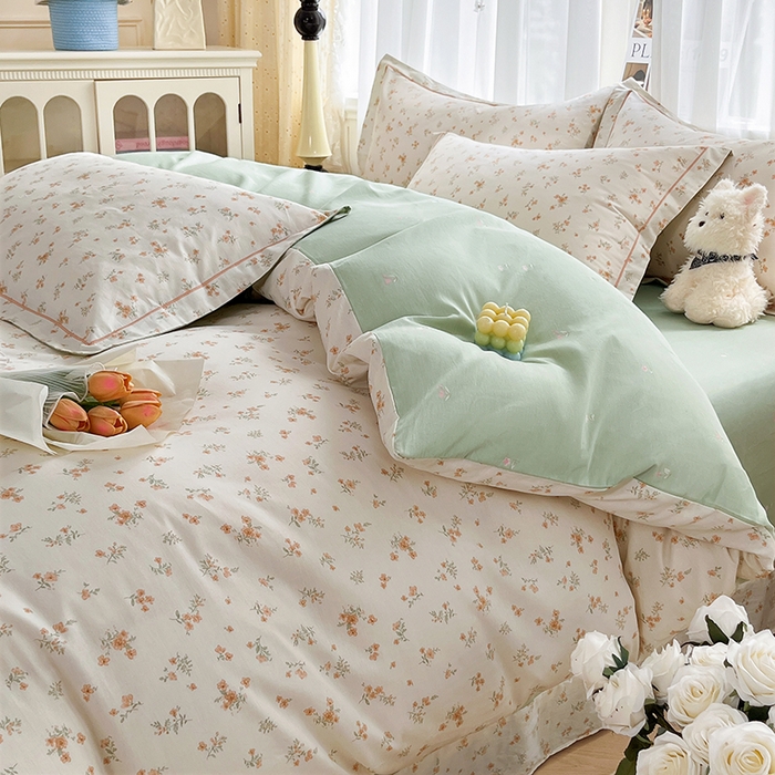 91家纺网 家纺一手货源 找家纺 美织缘家纺 2026直播爆款一字绣吊边床单款纯棉全棉四件套印花百分百（喷气高品质） 春茶弥香-桔