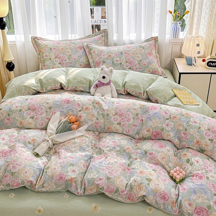 91家纺网 家纺一手货源 找家纺 美织缘家纺 2026直播爆款一字绣吊边床单款纯棉全棉四件套印花百分百（喷气高品质） 花开似锦-粉